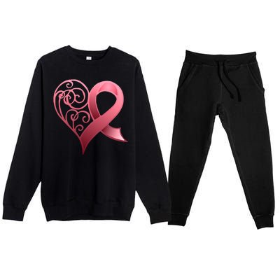 Breast Cancer Awareness Ribbon Heart Pattern Premium Crewneck Sweatsuit Set