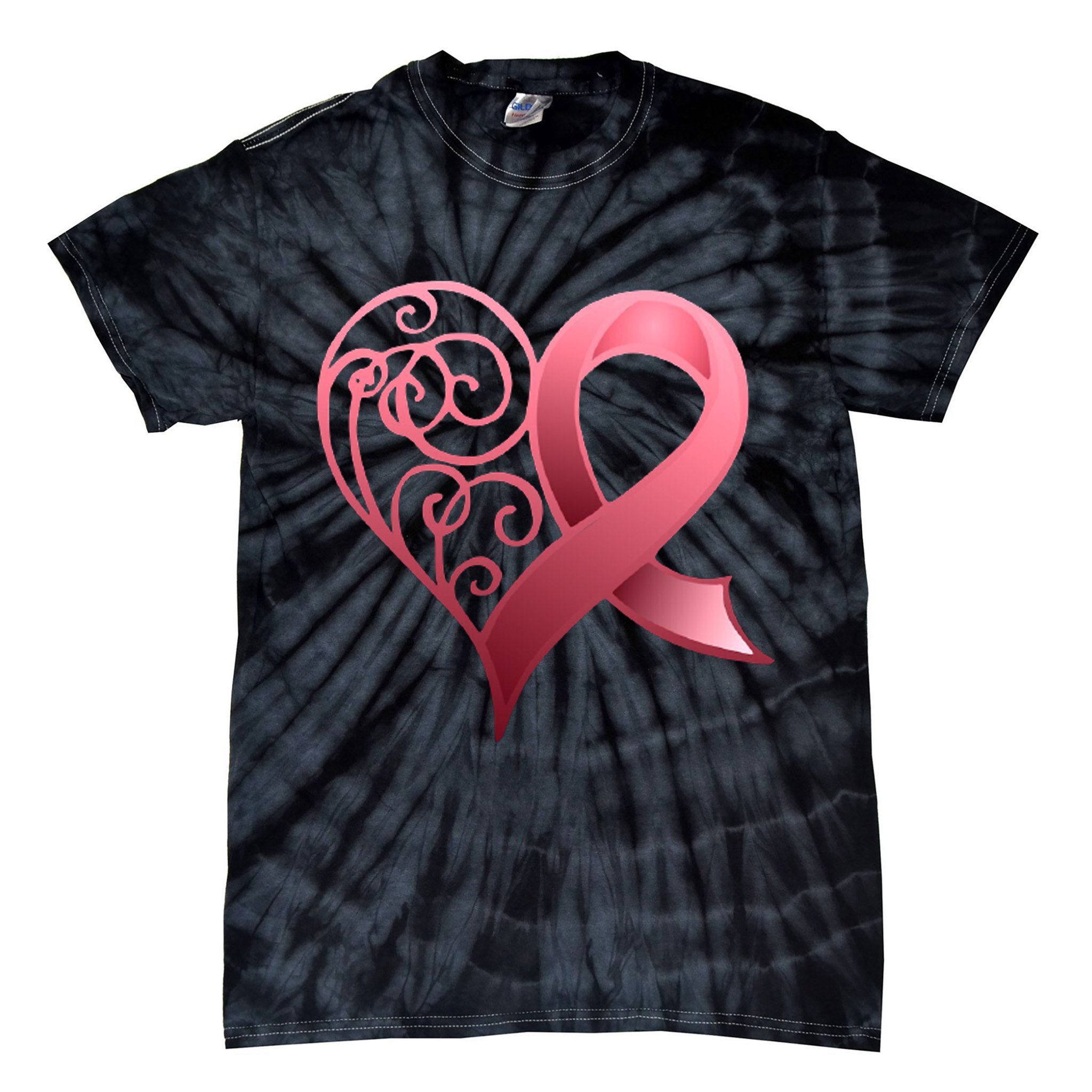 Breast Cancer Awareness Ribbon Heart Pattern Tie-Dye T-Shirt