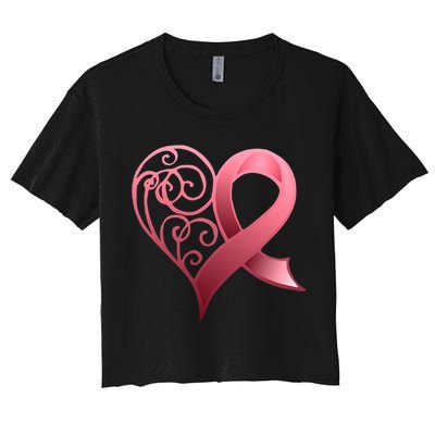 Breast Cancer Awareness Ribbon Heart Pattern Women's Crop Top Tee