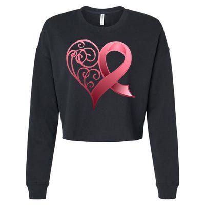 Breast Cancer Awareness Ribbon Heart Pattern Cropped Pullover Crew