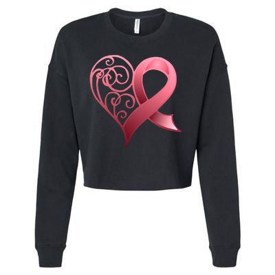 Breast Cancer Awareness Ribbon Heart Pattern Cropped Pullover Crew