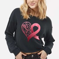 Breast Cancer Awareness Ribbon Heart Pattern Cropped Pullover Crew