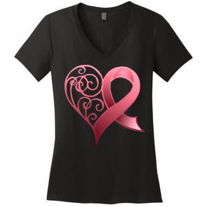 Breast Cancer Awareness Ribbon Heart Pattern Women's V-Neck T-Shirt