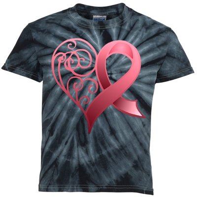 Breast Cancer Awareness Ribbon Heart Pattern Kids Tie-Dye T-Shirt