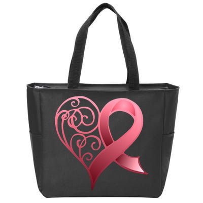 Breast Cancer Awareness Ribbon Heart Pattern Zip Tote Bag