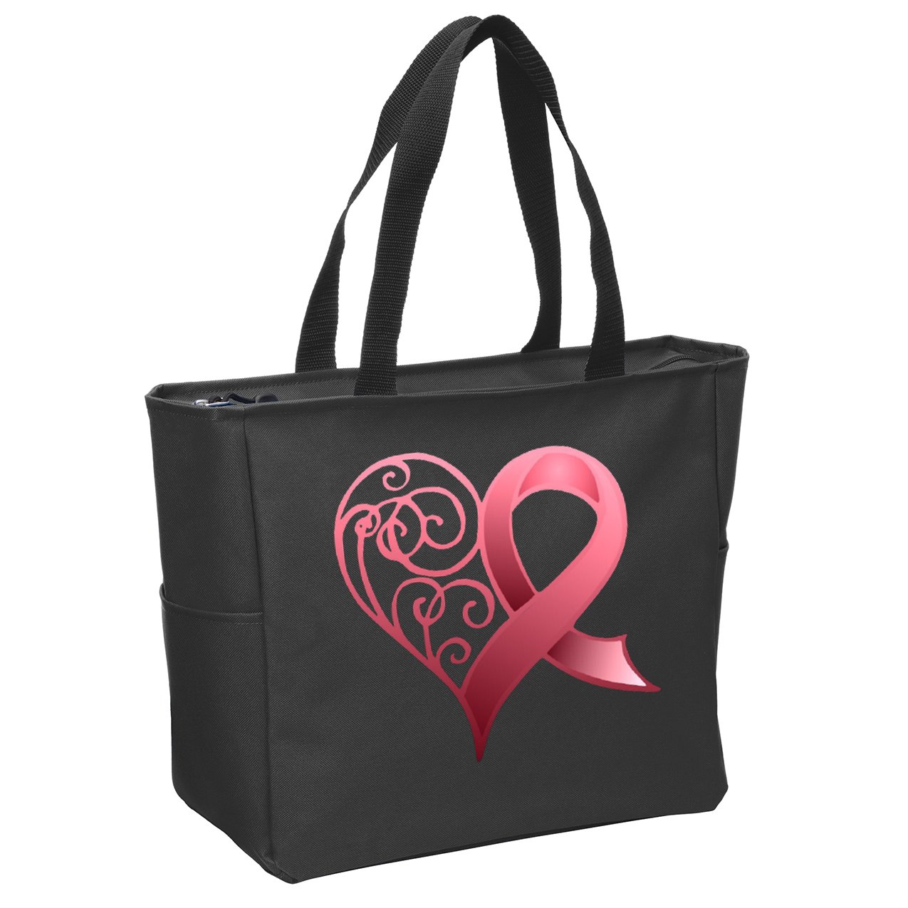 Breast Cancer Awareness Ribbon Heart Pattern Zip Tote Bag