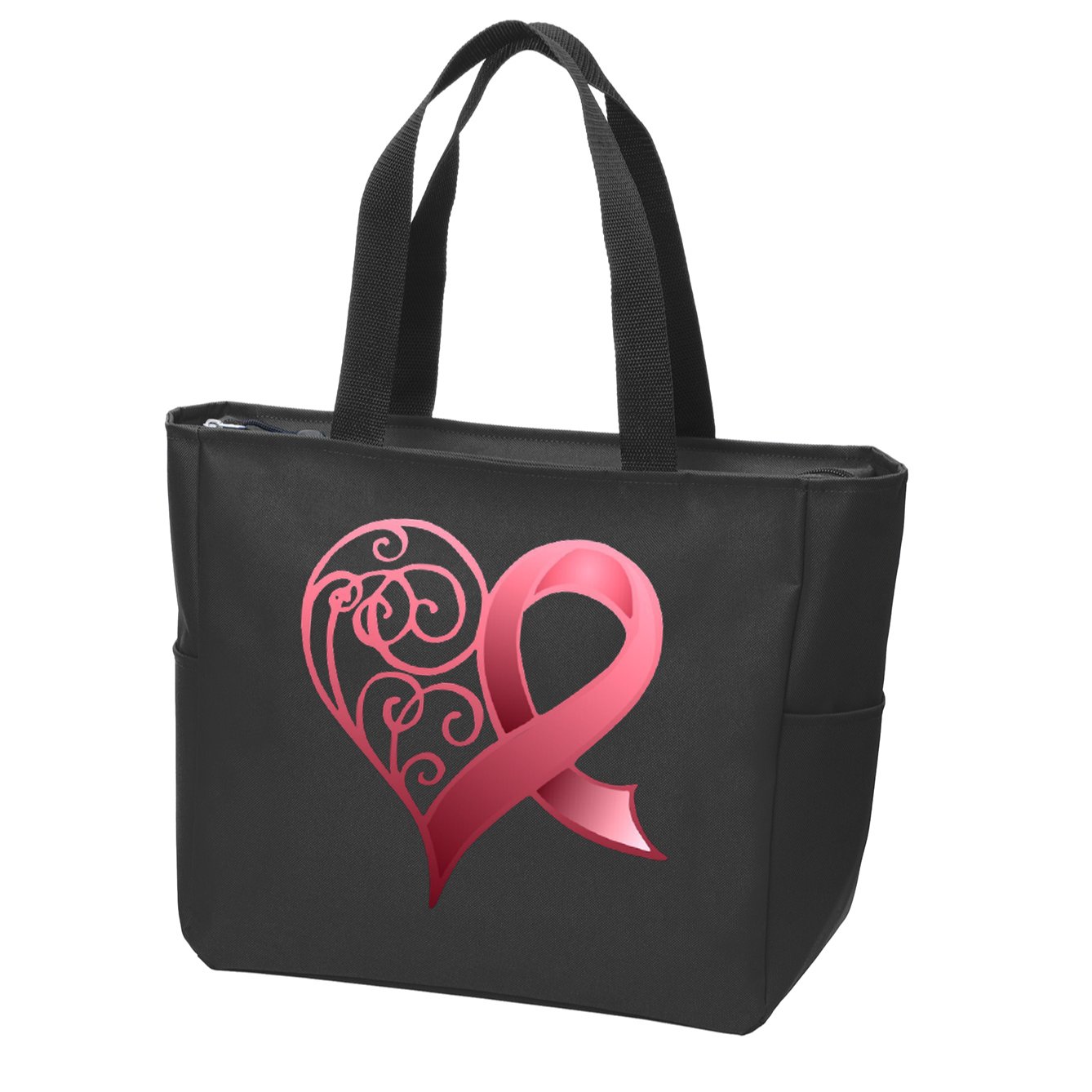 Breast Cancer Awareness Ribbon Heart Pattern Zip Tote Bag