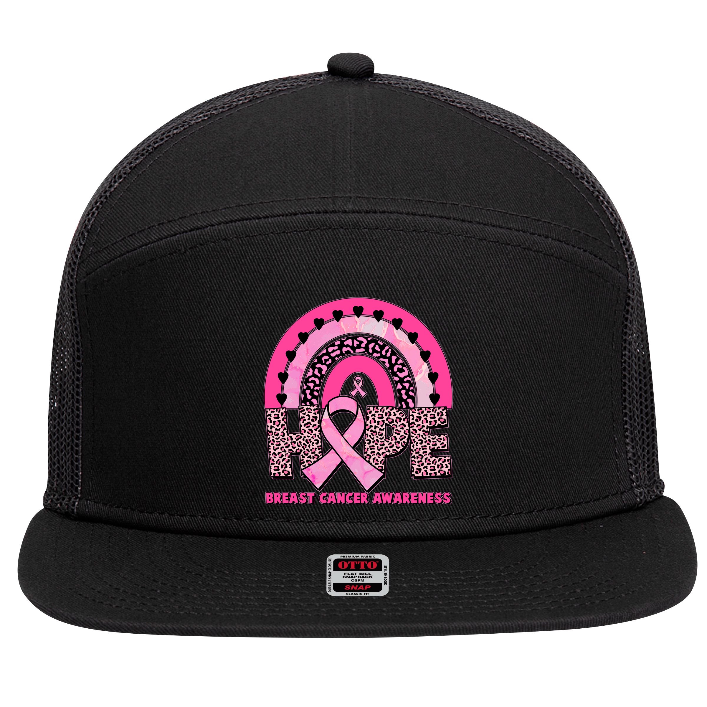 Breast Cancer Awareness Pink Leopard Print Rainbow 7 Panel Mesh Trucker Snapback Hat