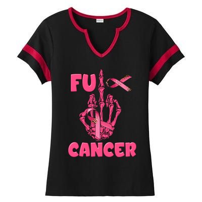 Breast Cancer Awareness Fu Cancer Skeleton Middle Finger Pink Ribbon Ladies Halftime Notch Neck Tee