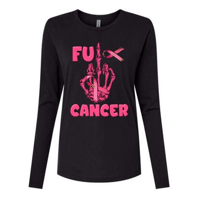 Breast Cancer Awareness Fu Cancer Skeleton Middle Finger Pink Ribbon Womens Cotton Relaxed Long Sleeve T-Shirt