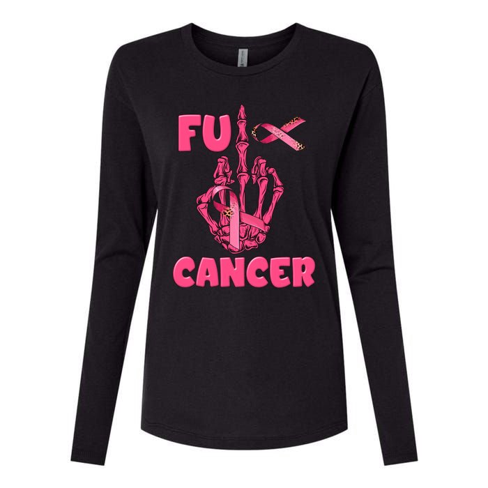 Breast Cancer Awareness Fu Cancer Skeleton Middle Finger Pink Ribbon Womens Cotton Relaxed Long Sleeve T-Shirt