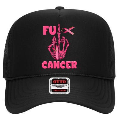 Breast Cancer Awareness Fu Cancer Skeleton Middle Finger Pink Ribbon High Crown Mesh Back Trucker Hat