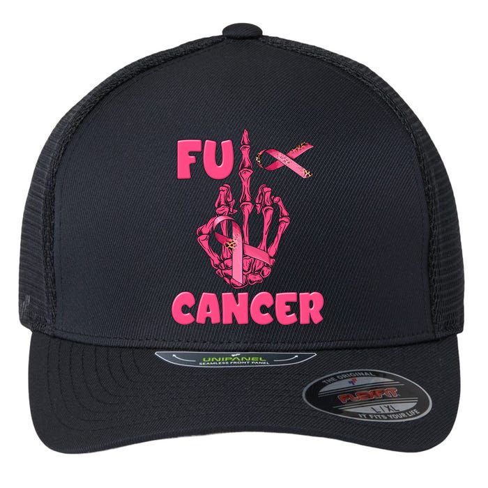 Breast Cancer Awareness Fu Cancer Skeleton Middle Finger Pink Ribbon Flexfit Unipanel Trucker Cap