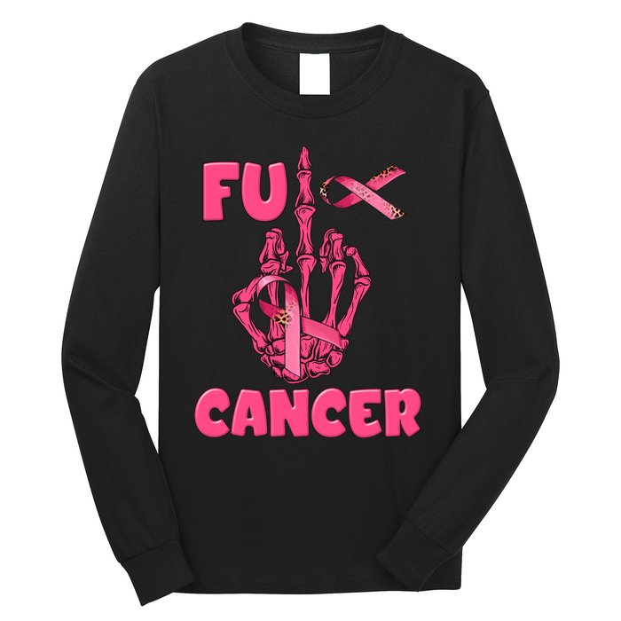 Breast Cancer Awareness Fu Cancer Skeleton Middle Finger Pink Ribbon Long Sleeve Shirt