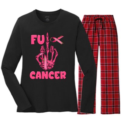 Breast Cancer Awareness Fu Cancer Skeleton Middle Finger Pink Ribbon Women's Long Sleeve Flannel Pajama Set 