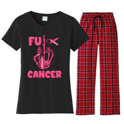 Breast Cancer Awareness Fu Cancer Skeleton Middle Finger Pink Ribbon Women's Flannel Pajama Set