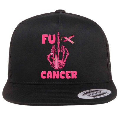 Breast Cancer Awareness Fu Cancer Skeleton Middle Finger Pink Ribbon Flat Bill Trucker Hat