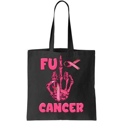 Breast Cancer Awareness Fu Cancer Skeleton Middle Finger Pink Ribbon Tote Bag