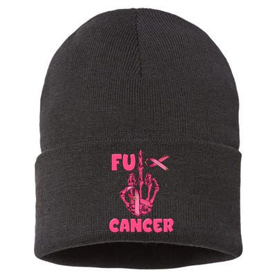 Breast Cancer Awareness Fu Cancer Skeleton Middle Finger Pink Ribbon Sustainable Knit Beanie