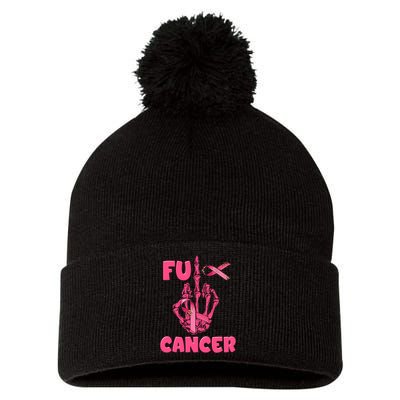 Breast Cancer Awareness Fu Cancer Skeleton Middle Finger Pink Ribbon Pom Pom 12in Knit Beanie