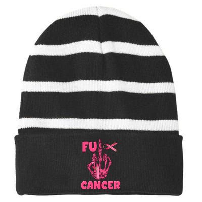 Breast Cancer Awareness Fu Cancer Skeleton Middle Finger Pink Ribbon Striped Beanie with Solid Band