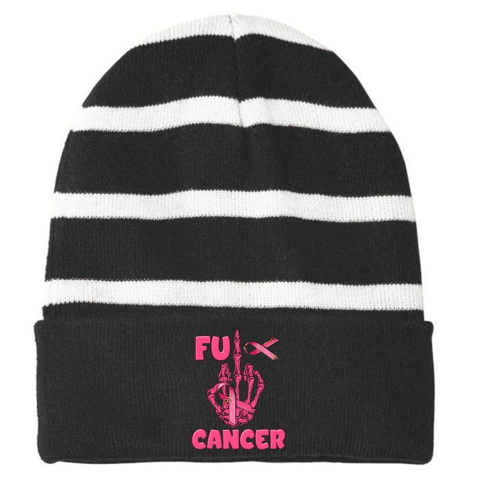 Breast Cancer Awareness Fu Cancer Skeleton Middle Finger Pink Ribbon Striped Beanie with Solid Band