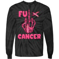 Breast Cancer Awareness Fu Cancer Skeleton Middle Finger Pink Ribbon Tie-Dye Long Sleeve Shirt