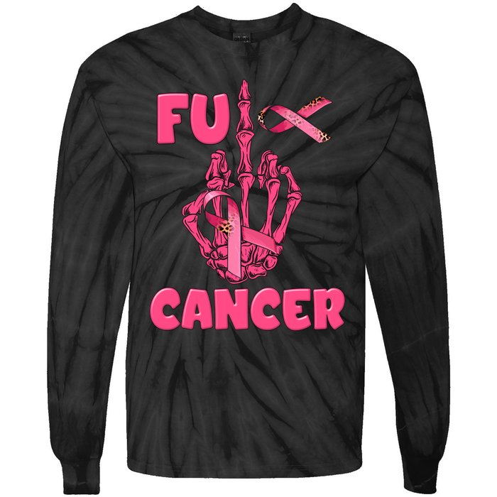 Breast Cancer Awareness Fu Cancer Skeleton Middle Finger Pink Ribbon Tie-Dye Long Sleeve Shirt