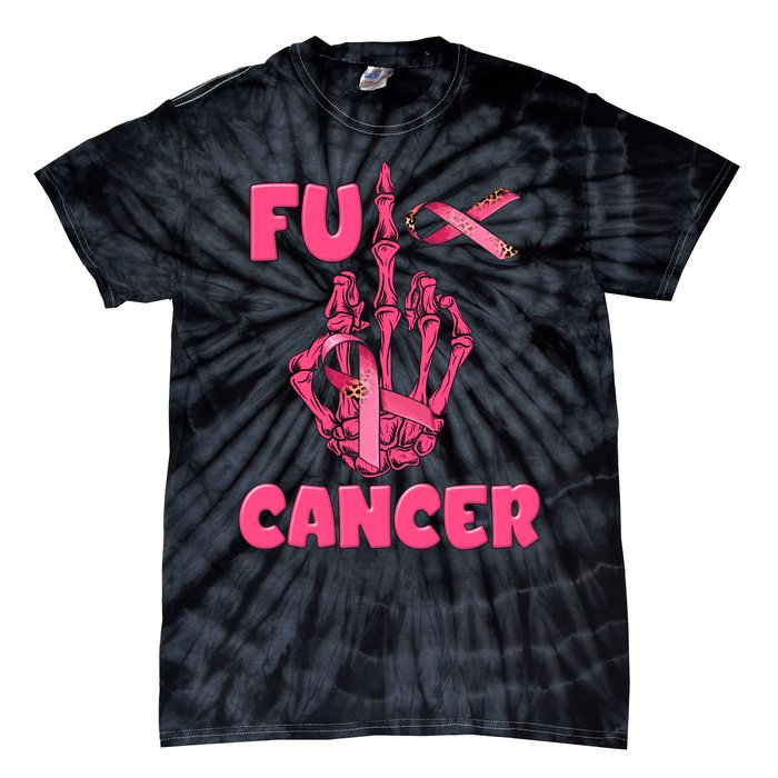 Breast Cancer Awareness Fu Cancer Skeleton Middle Finger Pink Ribbon Tie-Dye T-Shirt