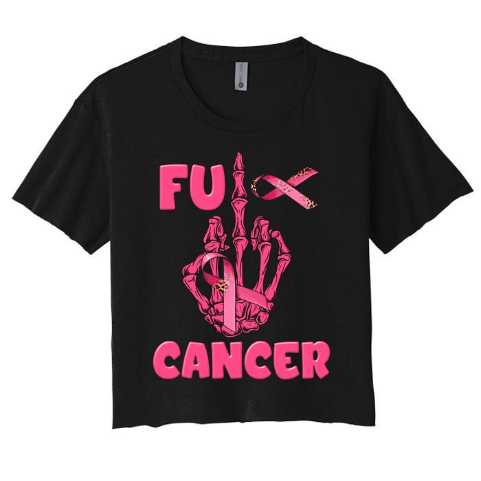 Breast Cancer Awareness Fu Cancer Skeleton Middle Finger Pink Ribbon Women's Crop Top Tee