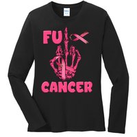 Breast Cancer Awareness Fu Cancer Skeleton Middle Finger Pink Ribbon Ladies Long Sleeve Shirt