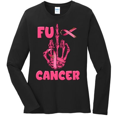 Breast Cancer Awareness Fu Cancer Skeleton Middle Finger Pink Ribbon Ladies Long Sleeve Shirt