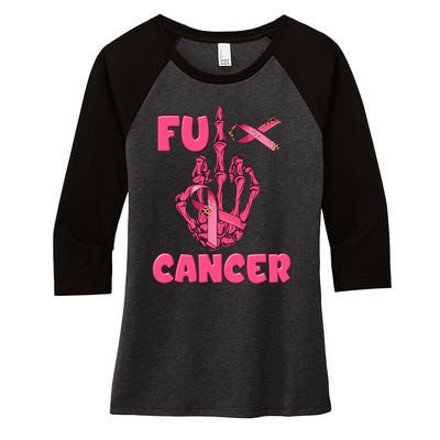 Breast Cancer Awareness Fu Cancer Skeleton Middle Finger Pink Ribbon Women's Tri-Blend 3/4-Sleeve Raglan Shirt