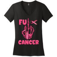 Breast Cancer Awareness Fu Cancer Skeleton Middle Finger Pink Ribbon Women's V-Neck T-Shirt