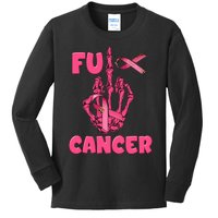 Breast Cancer Awareness Fu Cancer Skeleton Middle Finger Pink Ribbon Kids Long Sleeve Shirt