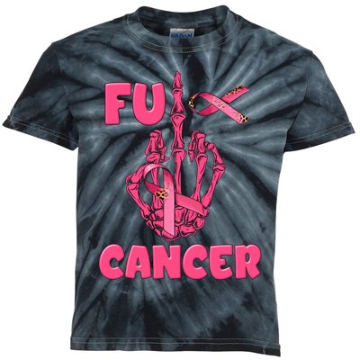 Breast Cancer Awareness Fu Cancer Skeleton Middle Finger Pink Ribbon Kids Tie-Dye T-Shirt