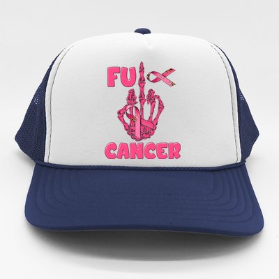 Breast Cancer Awareness Fu Cancer Skeleton Middle Finger Pink Ribbon Trucker Hat