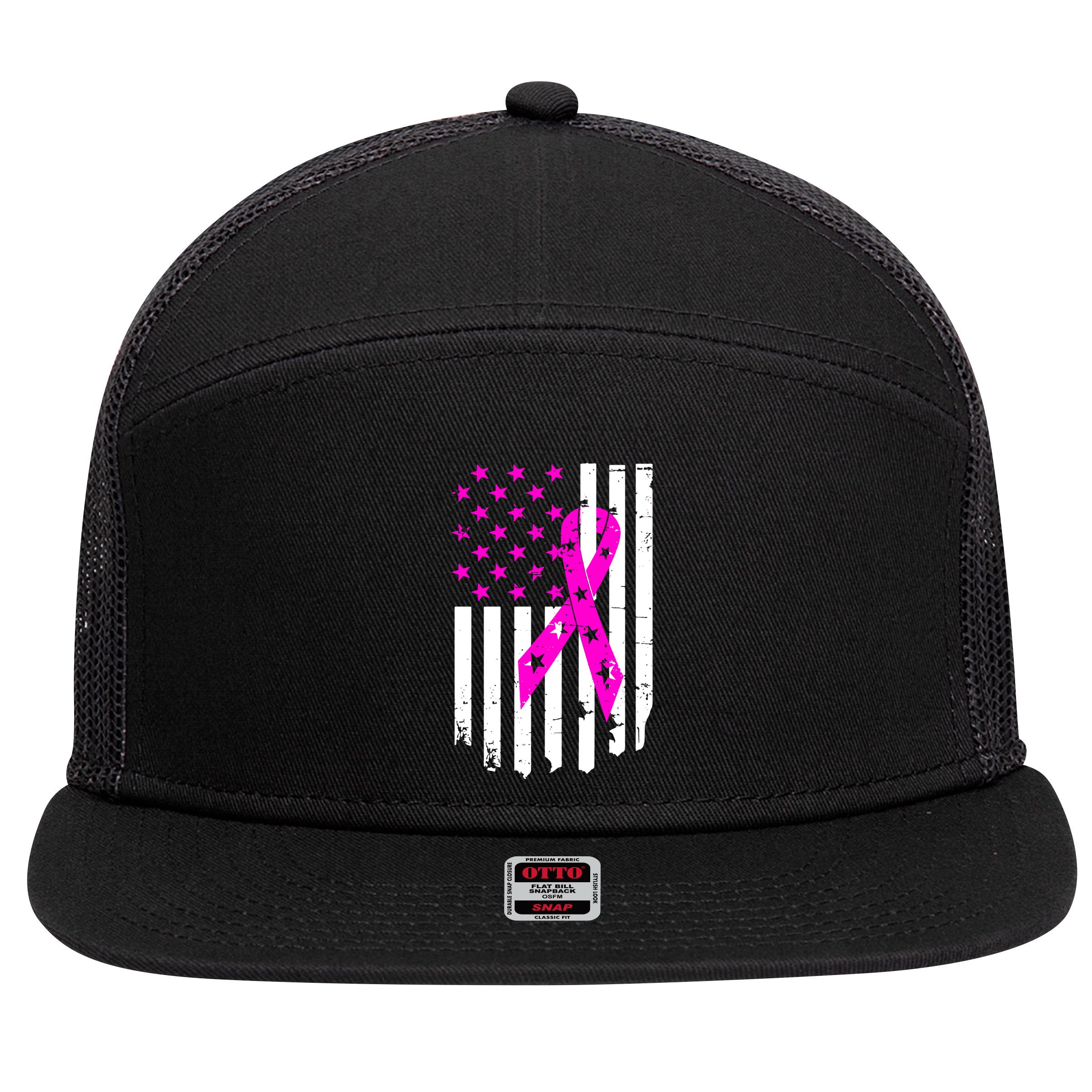 Breast Cancer Awareness Ribbon American Flag 7 Panel Mesh Trucker Snapback Hat