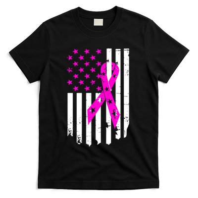Breast Cancer Awareness Ribbon American Flag T-Shirt