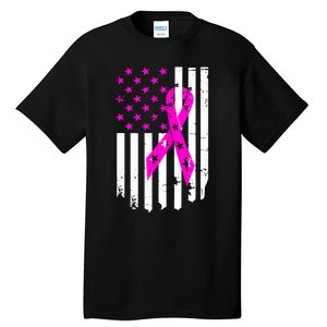 Breast Cancer Awareness Ribbon American Flag Tall T-Shirt