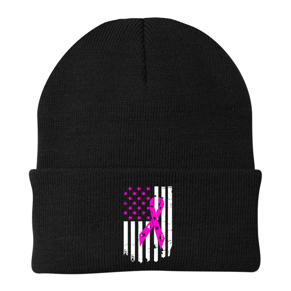 Breast Cancer Awareness Ribbon American Flag Beanie