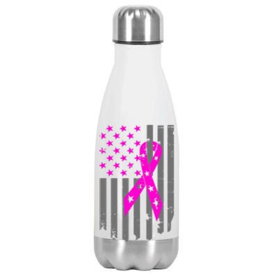 Breast Cancer Awareness Ribbon American Flag Stainless Steel Insulated Water Bottle