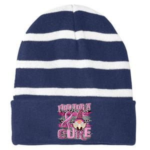 Breast Cancer Awareness Find For A Cure Striped Beanie with Solid Band