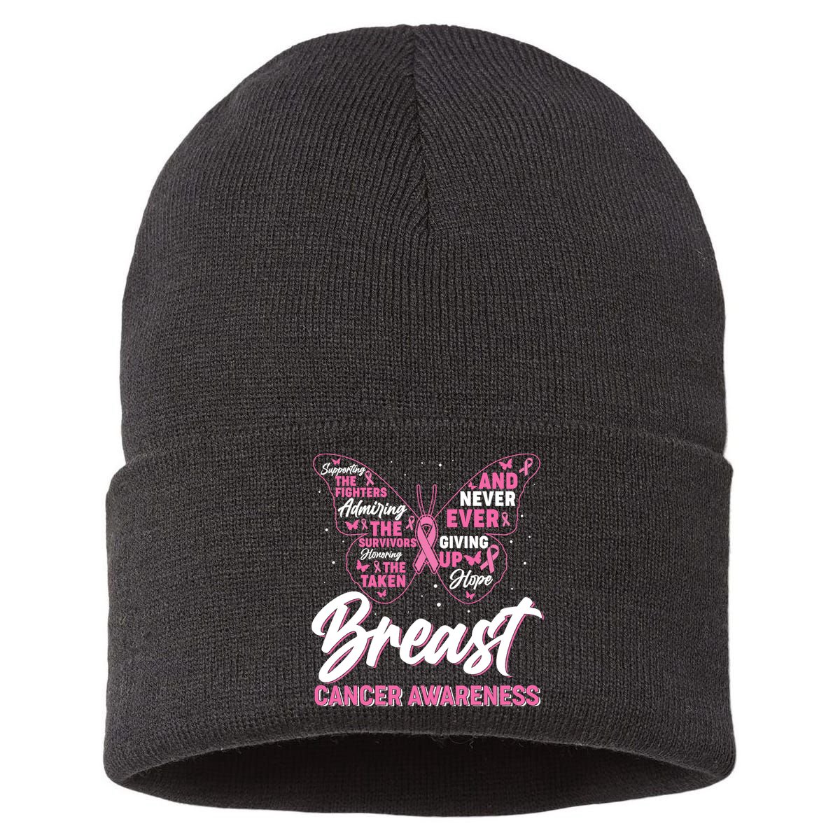 Breast Cancer Awareness Butterfly Sustainable Knit Beanie
