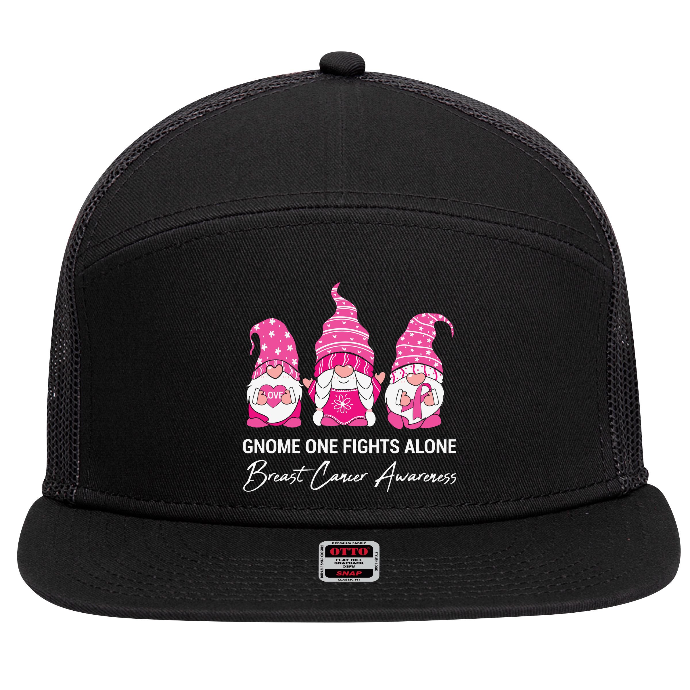 Breast Cancer Awareness Gnome No One Fights Alone 7 Panel Mesh Trucker Snapback Hat