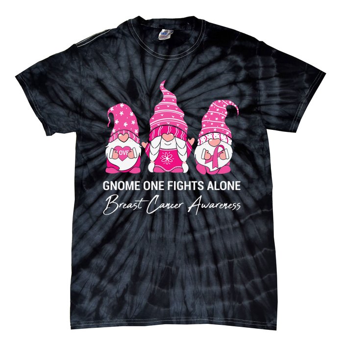 Breast Cancer Awareness Gnome No One Fights Alone Tie-Dye T-Shirt