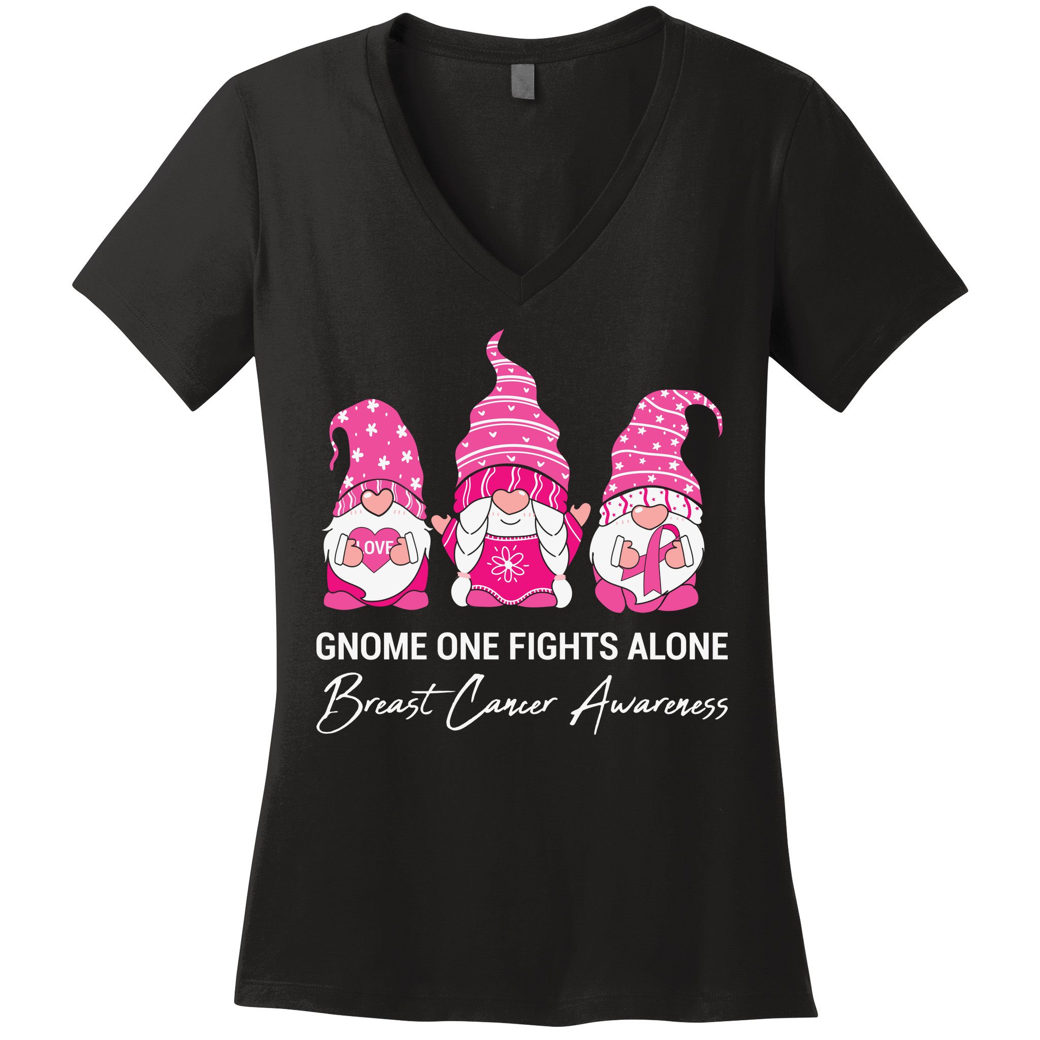 Breast Cancer Awareness Gnome No One Fights Alone Women's V-Neck T-Shirt