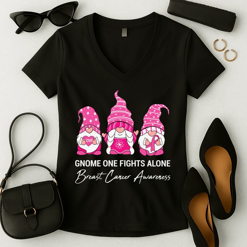 Breast Cancer Awareness Gnome No One Fights Alone Women's V-Neck T-Shirt