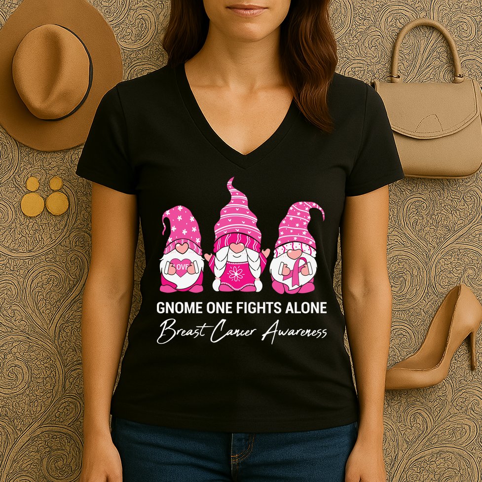 Breast Cancer Awareness Gnome No One Fights Alone Women's V-Neck T-Shirt