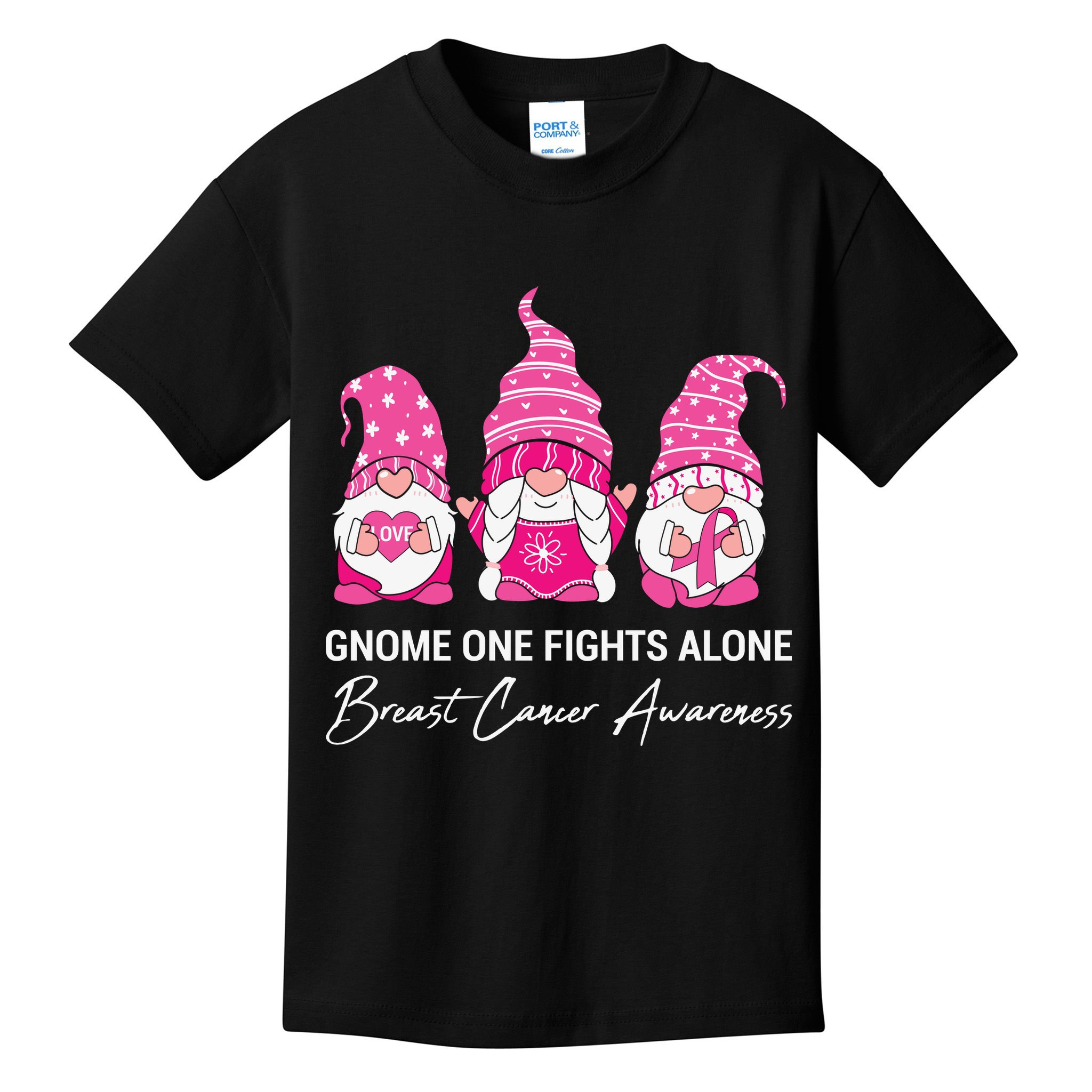 Breast Cancer Awareness Gnome No One Fights Alone Kids T-Shirt